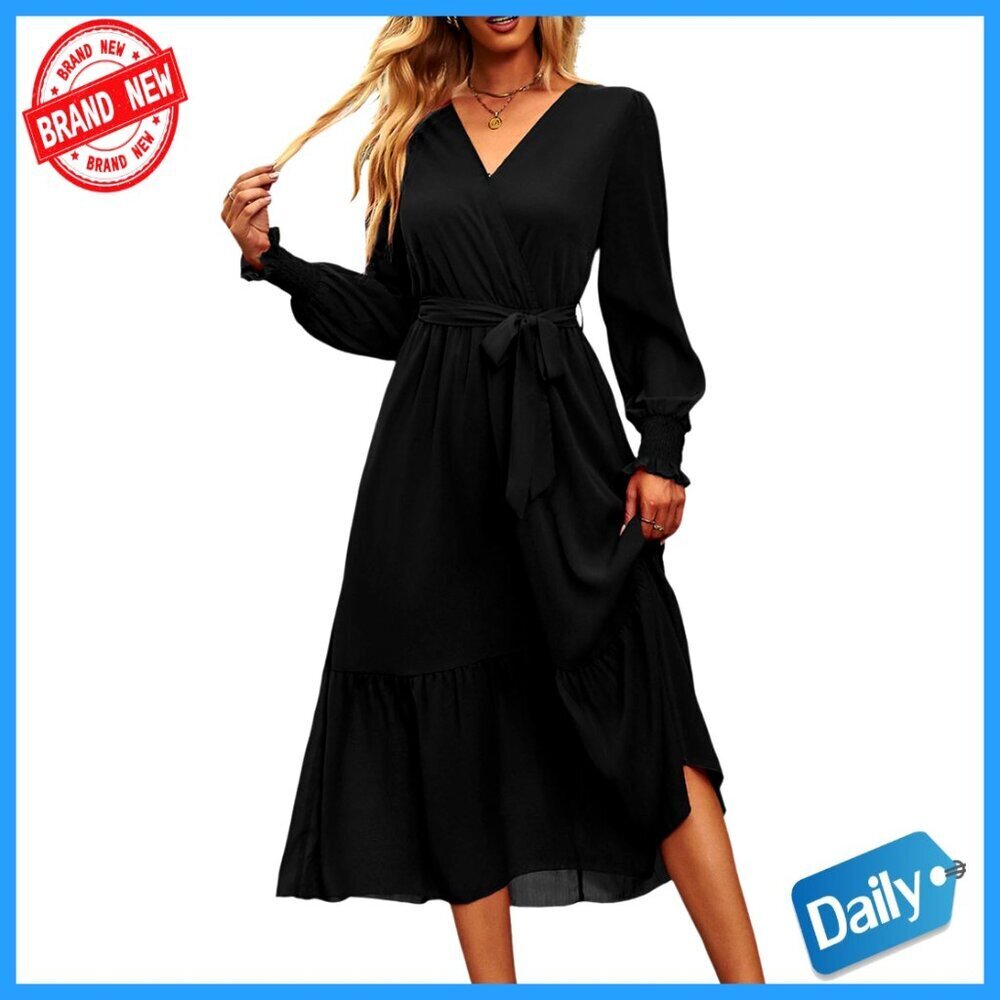 Floral Boho Maxi Dress Long Sleeve Wrap V Neck Ruffle Flowy Wedding Guest